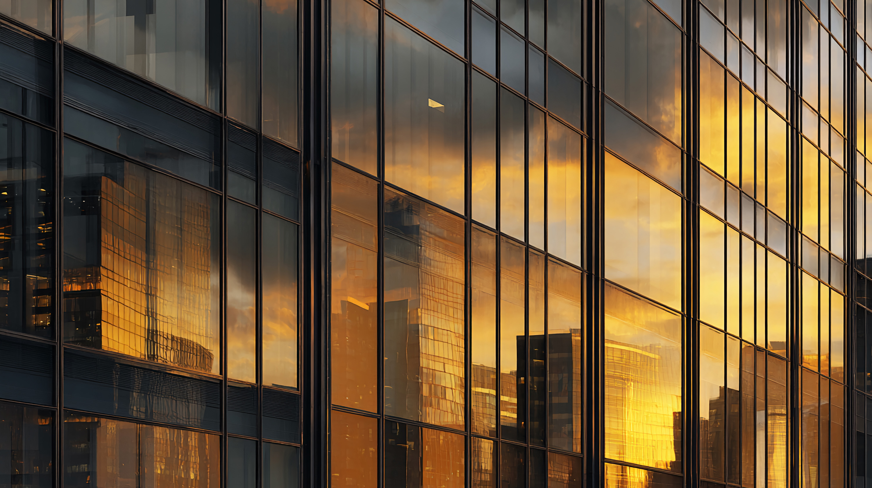 AdobeStock_1469357889_Preview Glasfassade eines Gebäudes spiegelt goldenen Sonnenuntergang und Skyline wider.